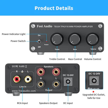 Fosi Audio TB10A -  2 Channel Integrated Stereo Amplifier (100 Watts RMS)