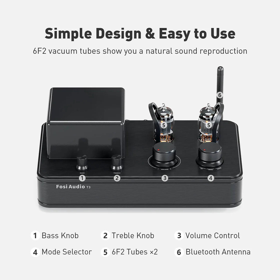 Fosi Audio T3 - 2.1 Channel Hybrid Stereo Tube Amplifier Class AB With Sub Out & Bluetooth (50 Watts RMS)