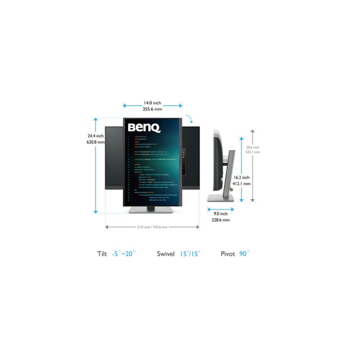 BenQ RD240Q - 24 Inches 16:10 WQXGA USB-C Ergonomic Programming Monitor , Advanced Coding Modes , Coding Hotkey, 16:10 Special Ratio