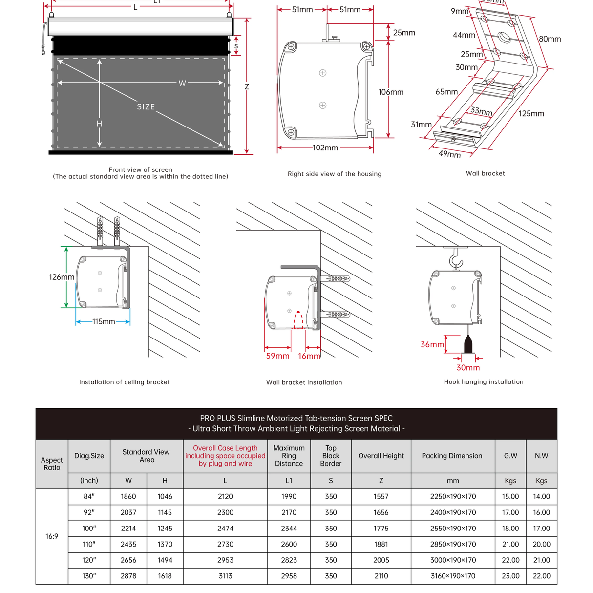 Vividstorm PRO Slimline Tab Tension Ultra short Throw Ambient Light Rejecting Drop Down Motorised Projection Screen 130 Inches