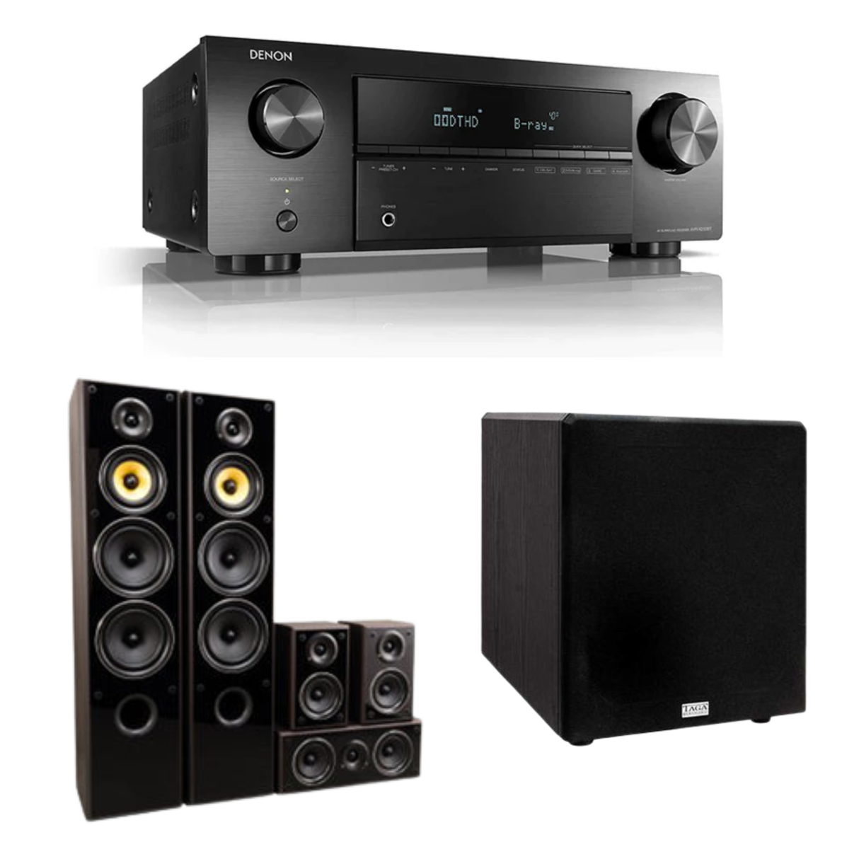 Denon AVR-X250BT 5.1 Channel AV Receiver + TAGA Harmony TAV-606 V.3 Speaker Package + TAGA Harmony TSW-90 V.4 10'' Subwoofer - 5.1Home Theatre Bundle