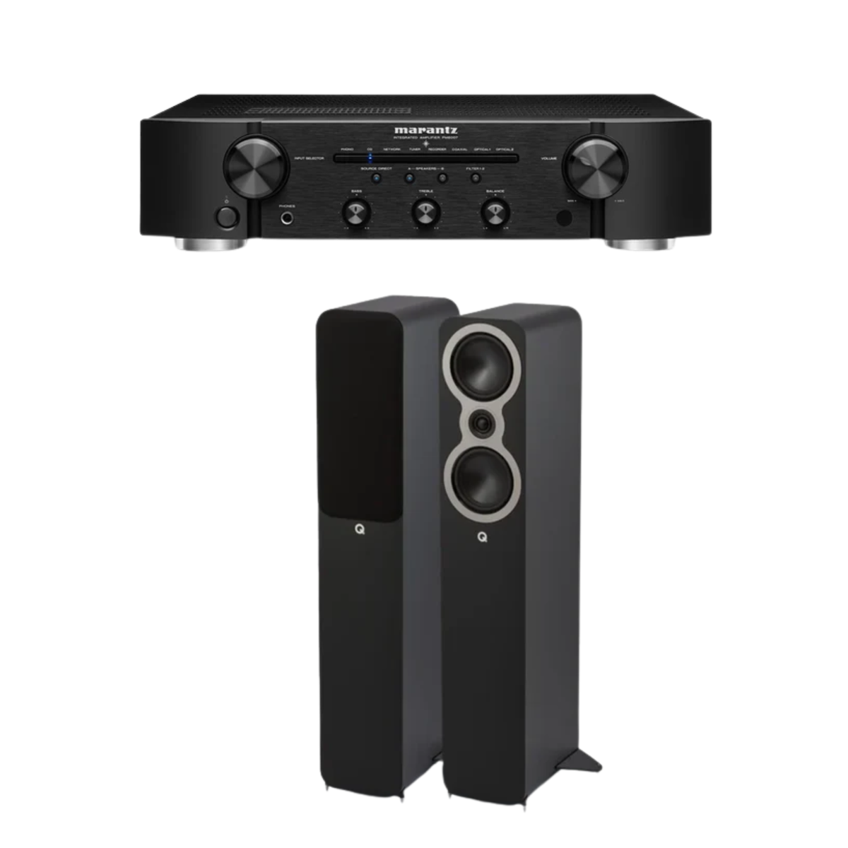 Marantz PM6007 Stereo Amplifier (Black) + Q Acoustics 3040C - 2-Way Floorstanding Speakers (Black) (Stereo Bundle Package)