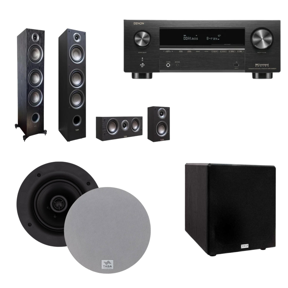 Denon AVCX-3800H 8K AV Receiver + Taga TAV-607 Speaker Package + Taga TSW-90 Subwoofer + Taga TCW-190R In-Ceiling Speakers (2 Pair) 5.1.4 Home Theatre Bundle