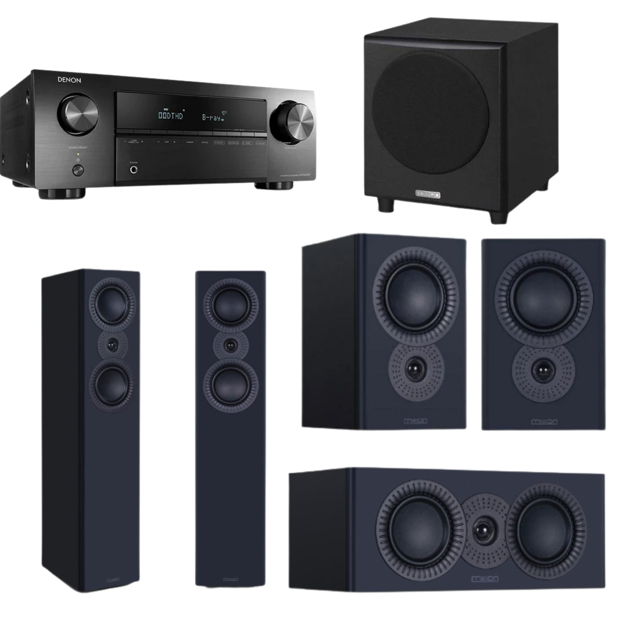 Denon AVR-X250BT 5.1 Channel AV Receiver + Mission LX-4 MKII Floor Standing Speaker + Mission LX-C1 MKII Centre Speaker + Mission LX-1 MKII Bookshelf Speaker + Mission MS-200 Active Subwoofer Subwoofer - 5.1 Home Theatre Bundle