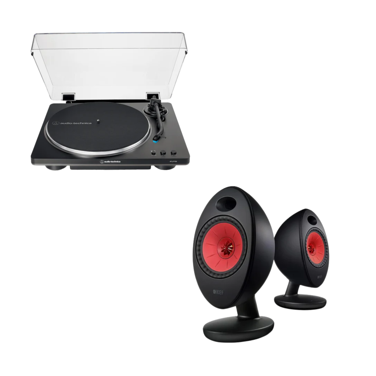 KEF EGG Duo wireless music system Powered Speakers + Audio Technica AT-LP70X - Fully Automatic Belt-Drive Turntable (Black) (Audiophile Enthusiasts Bundle Pack)