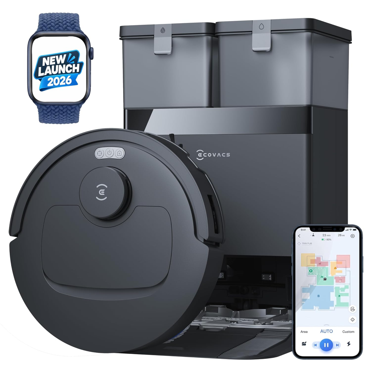 Ecovacs Deebot T30e Omni - 2 in 1 Robot Vacuum Cleaner & Mop, 25000 Pa Suction, Self-Empty & Self Wash Omni-Station, ZeroTangle 3.0, Hot Air-Drying, Auto-Lift Mop, 300 Min Runtime