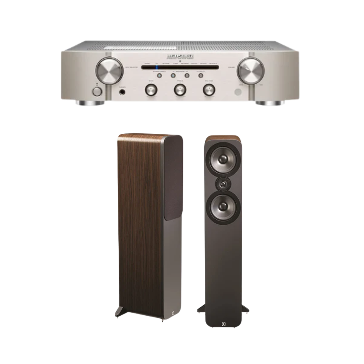 Marantz PM6007 Stereo Amplifier (Silver) + Q Acoustics 3050i Floor Standing Speaker (Walnut) (Pair) (Stereo Bundle Package)