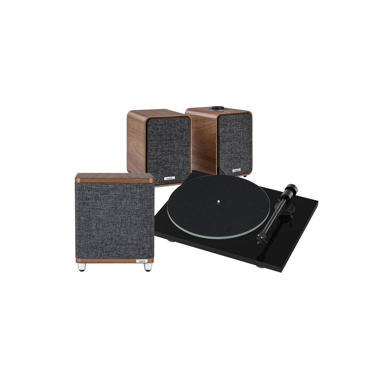 Project T1 EVO Turntable (Black) with Ruark Audio MR1 Mk3 Active Bluetooth Speaker & RS1 Powered Subwoofer (Rich Walnut) (Stereo Bundle Pack)