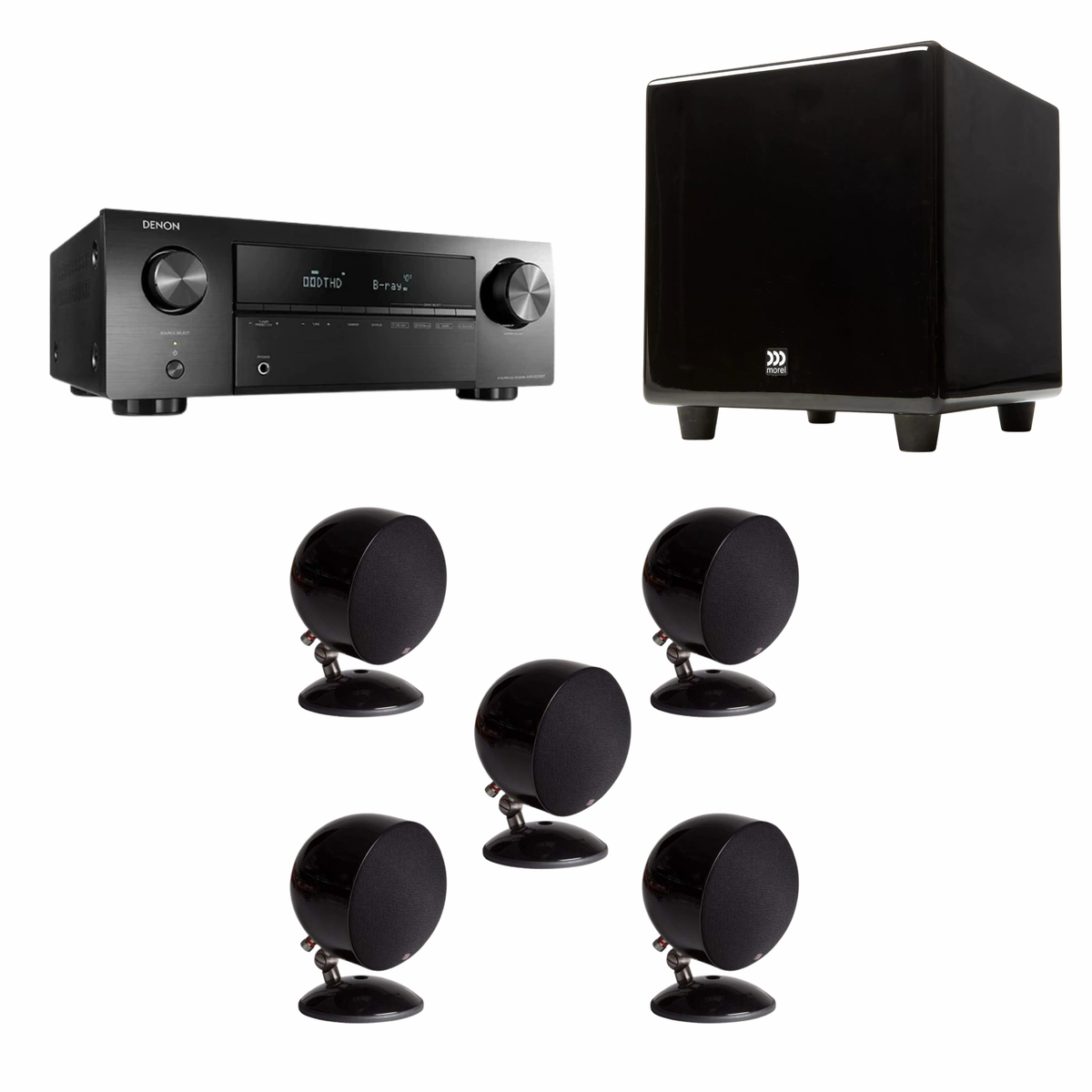 Denon AVR-X250BT 5.1 AV Receiver + Morel Soundspot SP-1 with Morel Sub-8X subwoofer - 5.1 Speaker Package (Black) (Bundle Pack Combo)