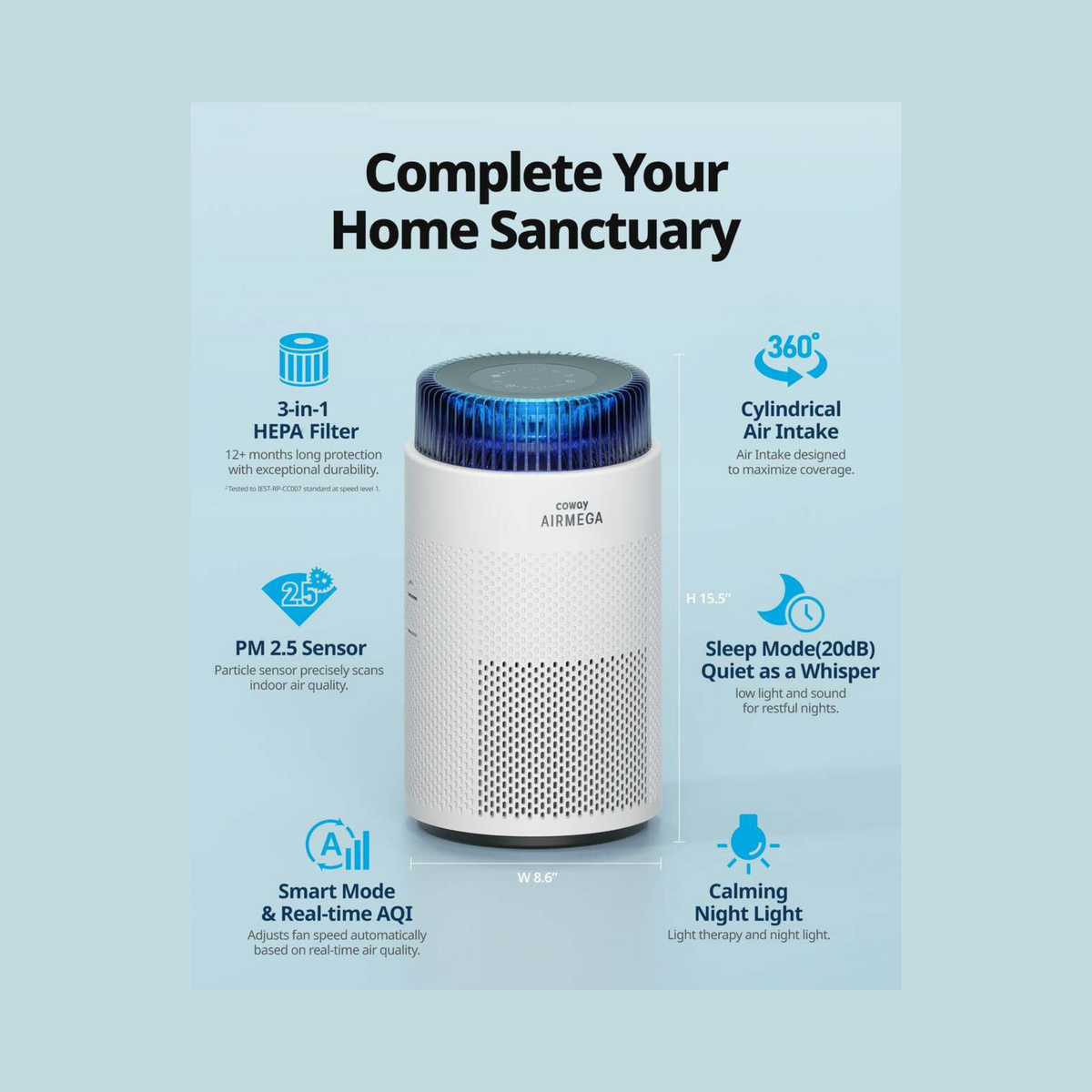 Coway Airmega 100 (AP-0823E) Air Purifier for Home, ECARF-Certified Allergy Care, HEPA & Deodorisation Filter, CADR 240 m³/h, Removes Dust & Pollen