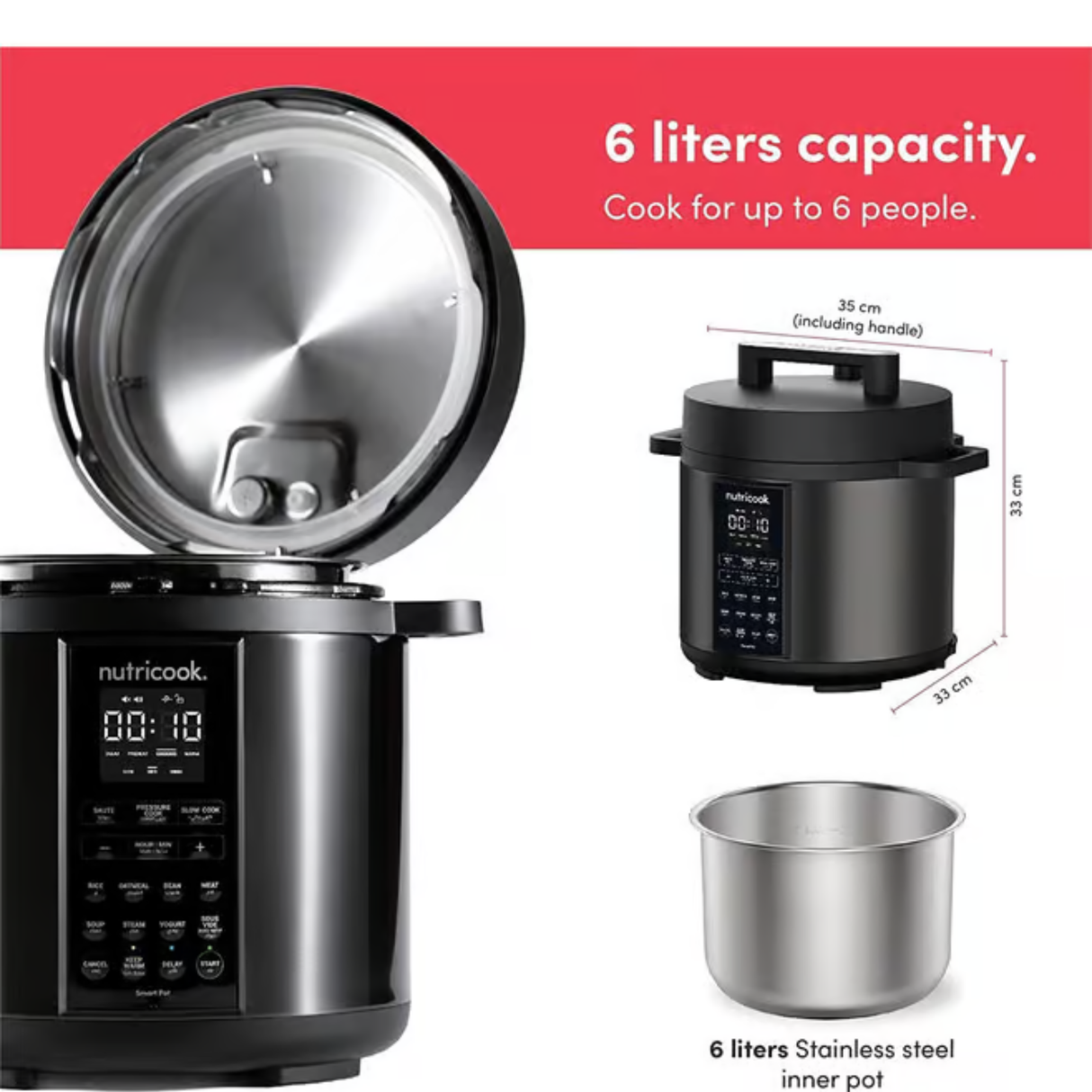 Nutricook 6 QT - 5.7L Stainless Steel Smart Pot 2, 1000W, 9-in-1 Electric Pressure Cooker, Slow Cooker, Rice Cooker, Steamer, Sauté, Sous Vide, Yogurt Maker, Smart Lid, Delay Start