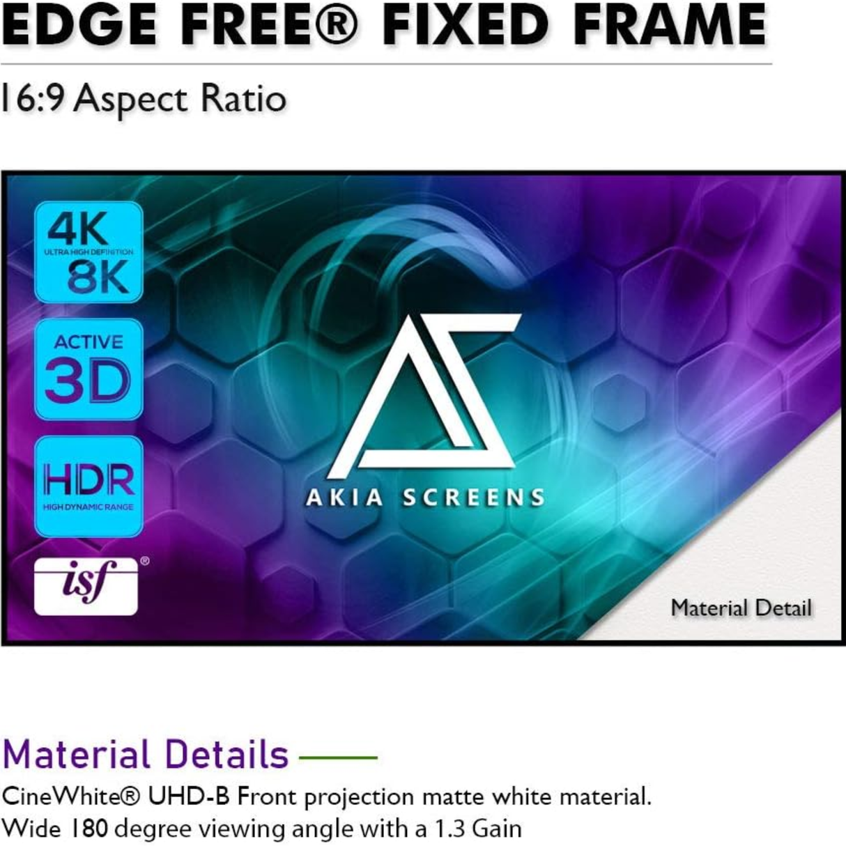 Akia Screens AK-NB100H - 100 Inches CineWhite Edge Free/Edgeless Fixed Frame Projection Screen (16:9) (8K / 4K Ultra HD 3D Ready HDR Compatible)