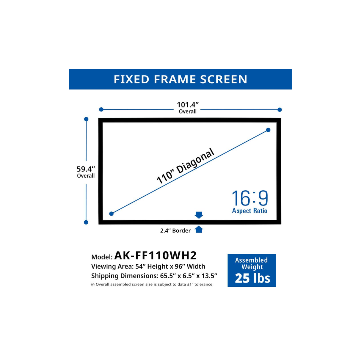 Akia Screens AK-FF110WH2 - 110 Inches CineWhite Fixed Frame Projection Screen (16:9) (8K / 4K Ultra HD 3D Ready HDR Compatible)