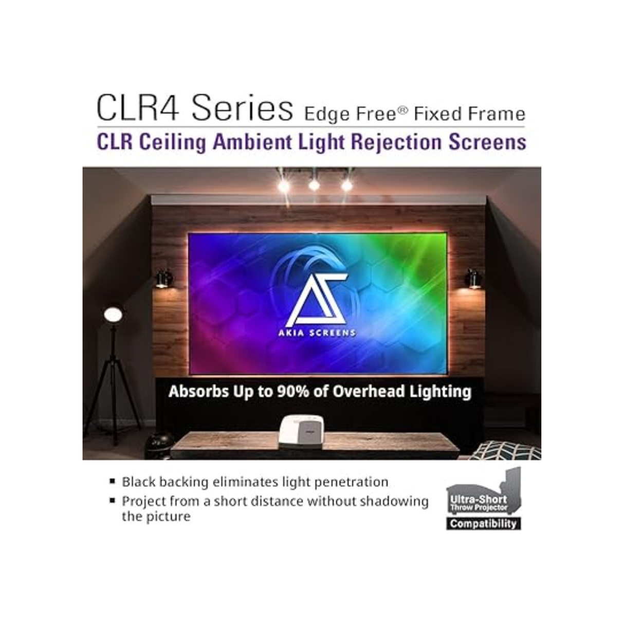 Akia Screens AK-NB115H-CLR4 - 115 Inches CineGrey Ceiling Light Rejection and Ambient Light Rejection Edge Free/Edgeless Fixed Frame Ultra Short Throw Projection Screen