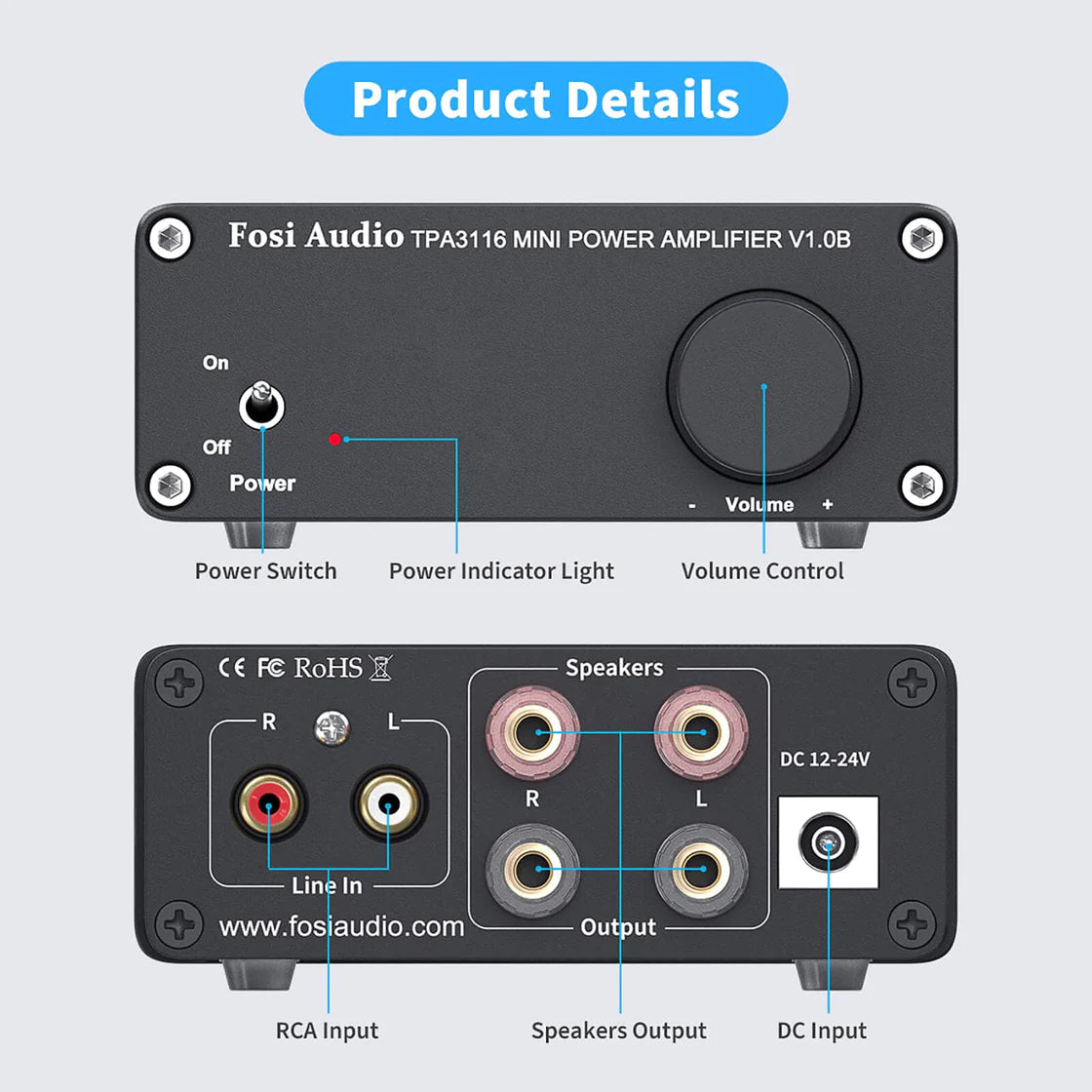 Fosi Audio V1.0 - 2.0 Channel Hifi-Mini Stereo Amplifier (50 Watts RMS)