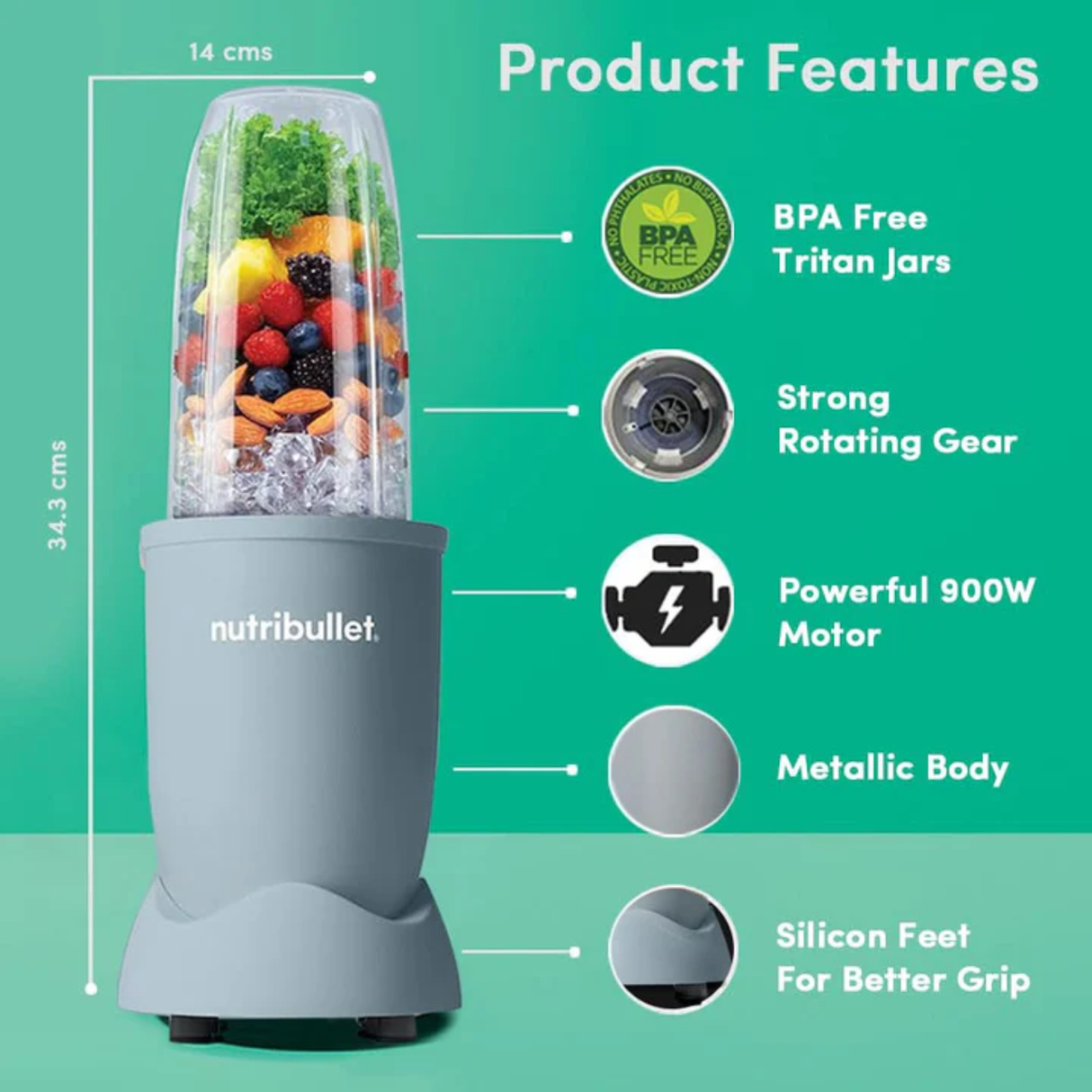 Nutribullet Pro Blender High-Speed Nutrient Extractor - 900W Black with 3 Unbreakable Jars & 2 Blade Set (Wet & Dry) (Slate)