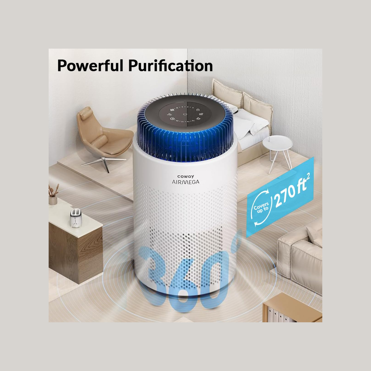 Coway Airmega 100 (AP-0823E) Air Purifier for Home, ECARF-Certified Allergy Care, HEPA & Deodorisation Filter, CADR 240 m³/h, Removes Dust & Pollen