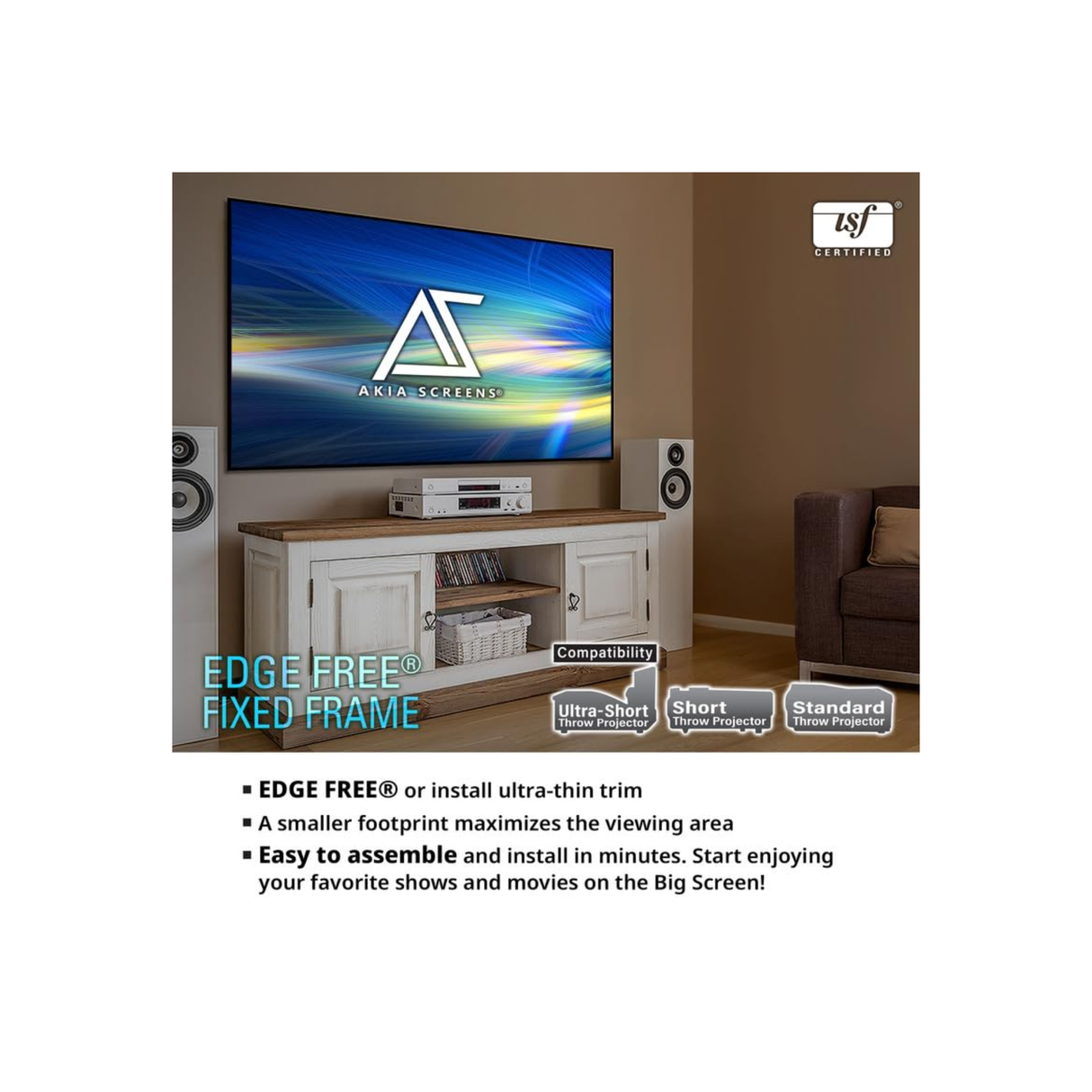 Akia Screens AK-NB125H - 125 Inches CineWhite Edge Free/Edgeless Fixed Frame Projection Screen (16:9) (8K / 4K Ultra HD 3D Ready HDR Compatible)