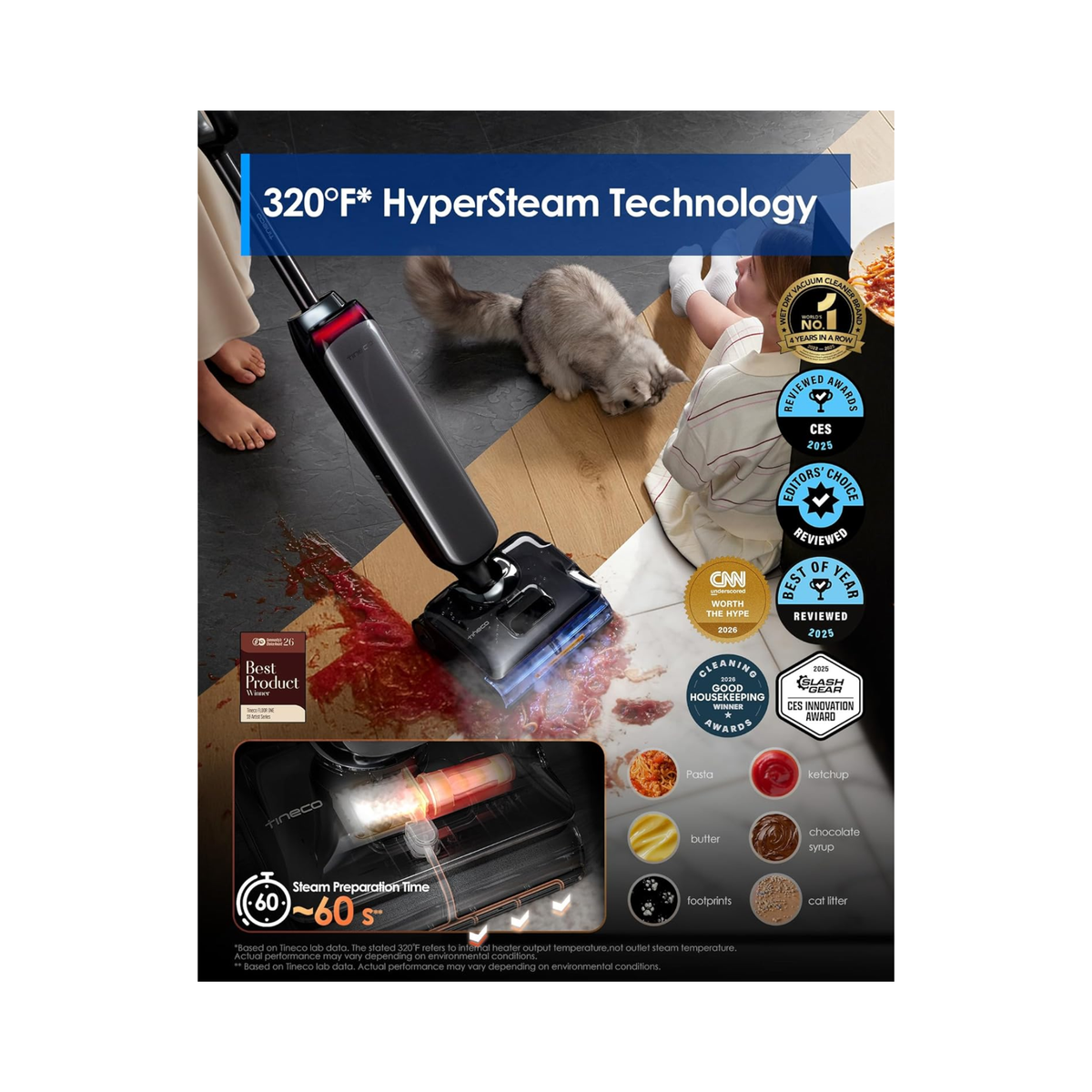 Tineco Floor One S9 - Artist Steam Wet Dry Vacuum Cleaner, High-temp Steam Cleaning, 22kPa Suction, 360° SmoothDrive, Anti-Tangle Design, 185°F Flashdry, Long Runtime,