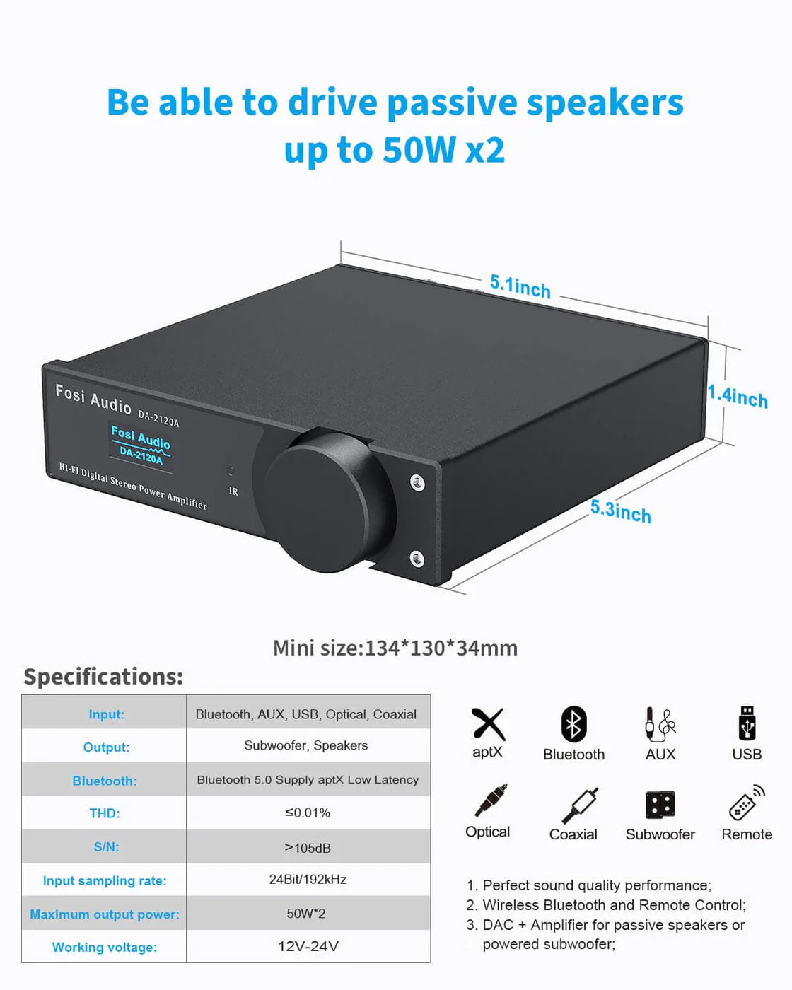 Fosi Audio DA2120A - 2 Channel Integrated Stereo Amplifier with DAC SPDIF & Bluetooth