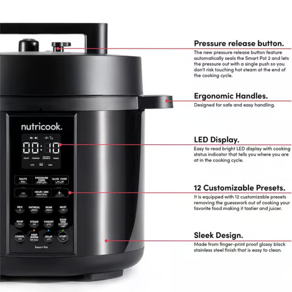 Nutricook 6 QT - 5.7L Stainless Steel Smart Pot 2, 1000W, 9-in-1 Electric Pressure Cooker, Slow Cooker, Rice Cooker, Steamer, Sauté, Sous Vide, Yogurt Maker, Smart Lid, Delay Start