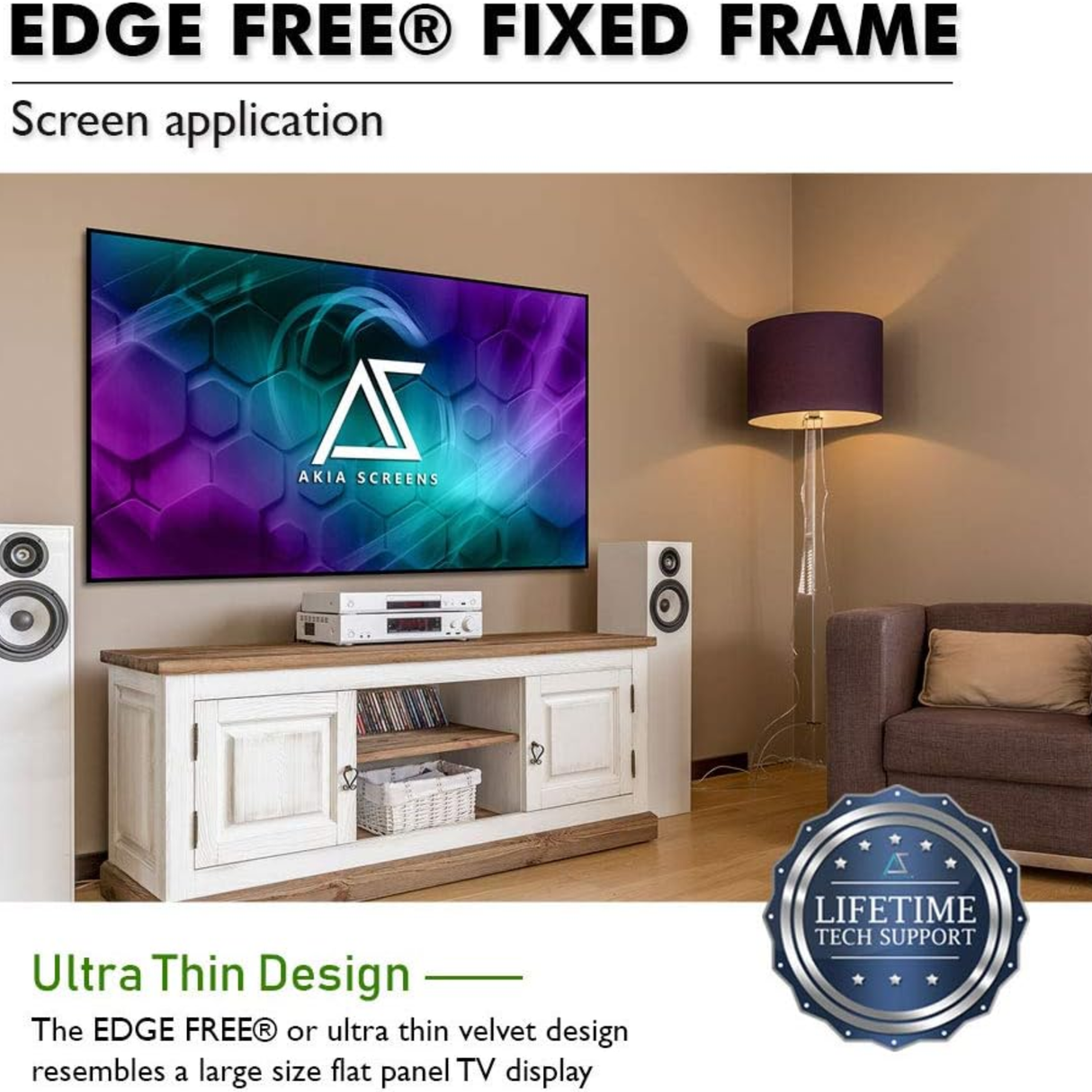 Akia Screens AK-NB100H - 100 Inches CineWhite Edge Free/Edgeless Fixed Frame Projection Screen (16:9) (8K / 4K Ultra HD 3D Ready HDR Compatible)