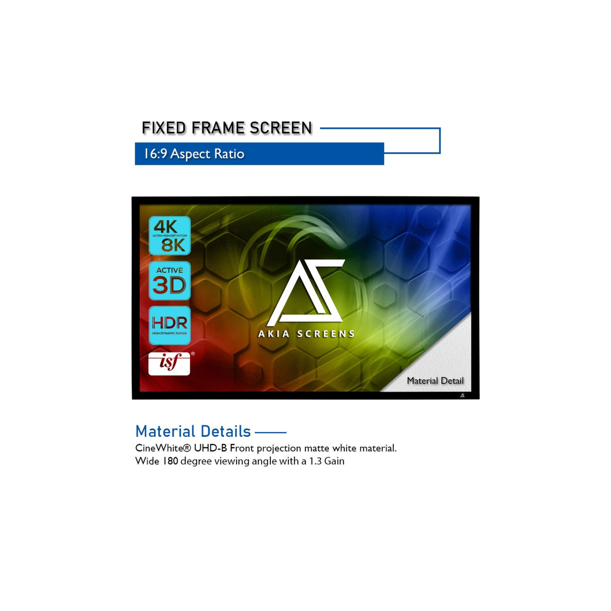 Akia Screens AK-FF100WH2 - 100 Inches CineWhite Fixed Frame Projection Screen (16:9) (8K / 4K Ultra HD 3D Ready HDR Compatible)