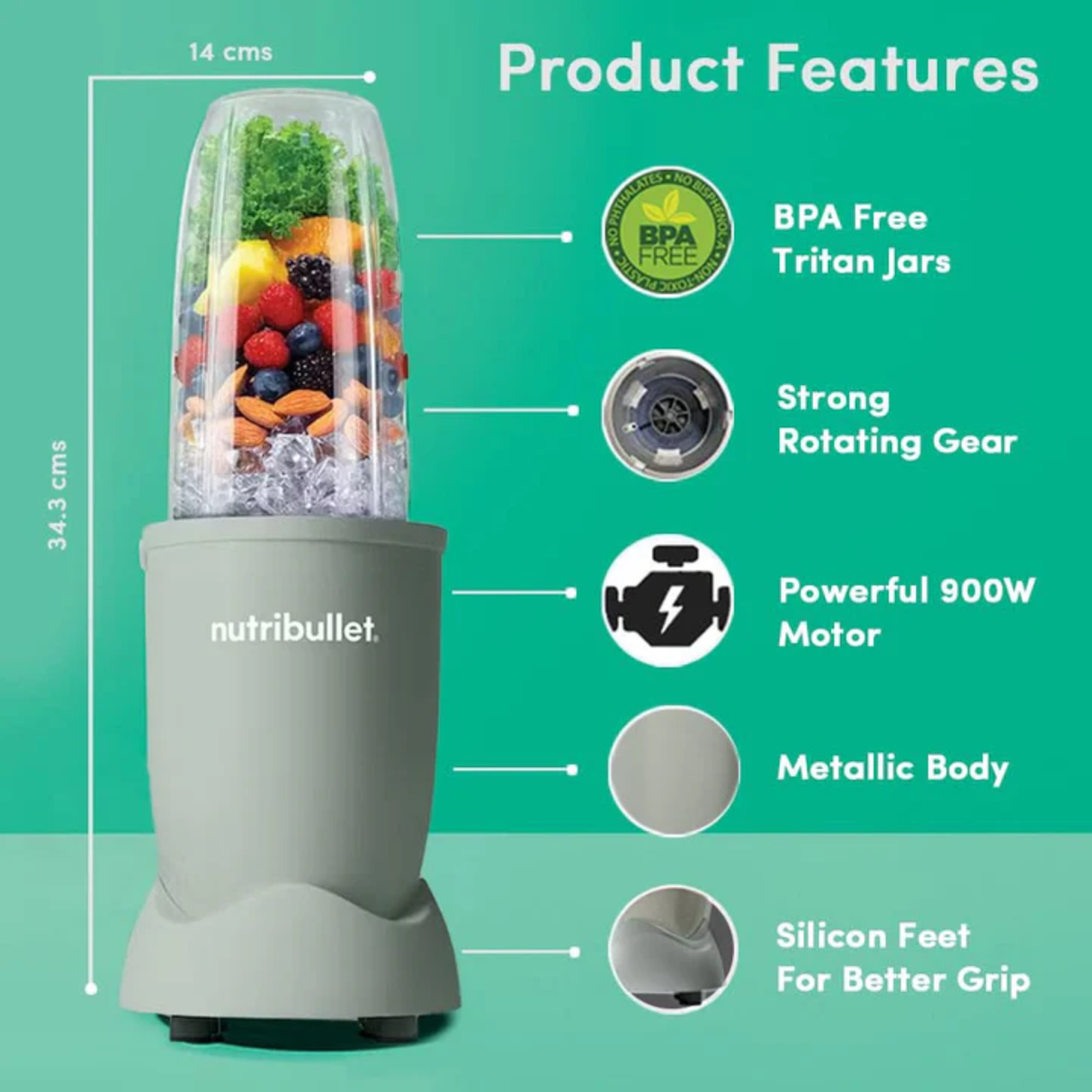 Nutribullet Pro Blender High-Speed Nutrient Extractor - 900W Black with 3 Unbreakable Jars & 2 Blade Set (Wet & Dry) (Jade)