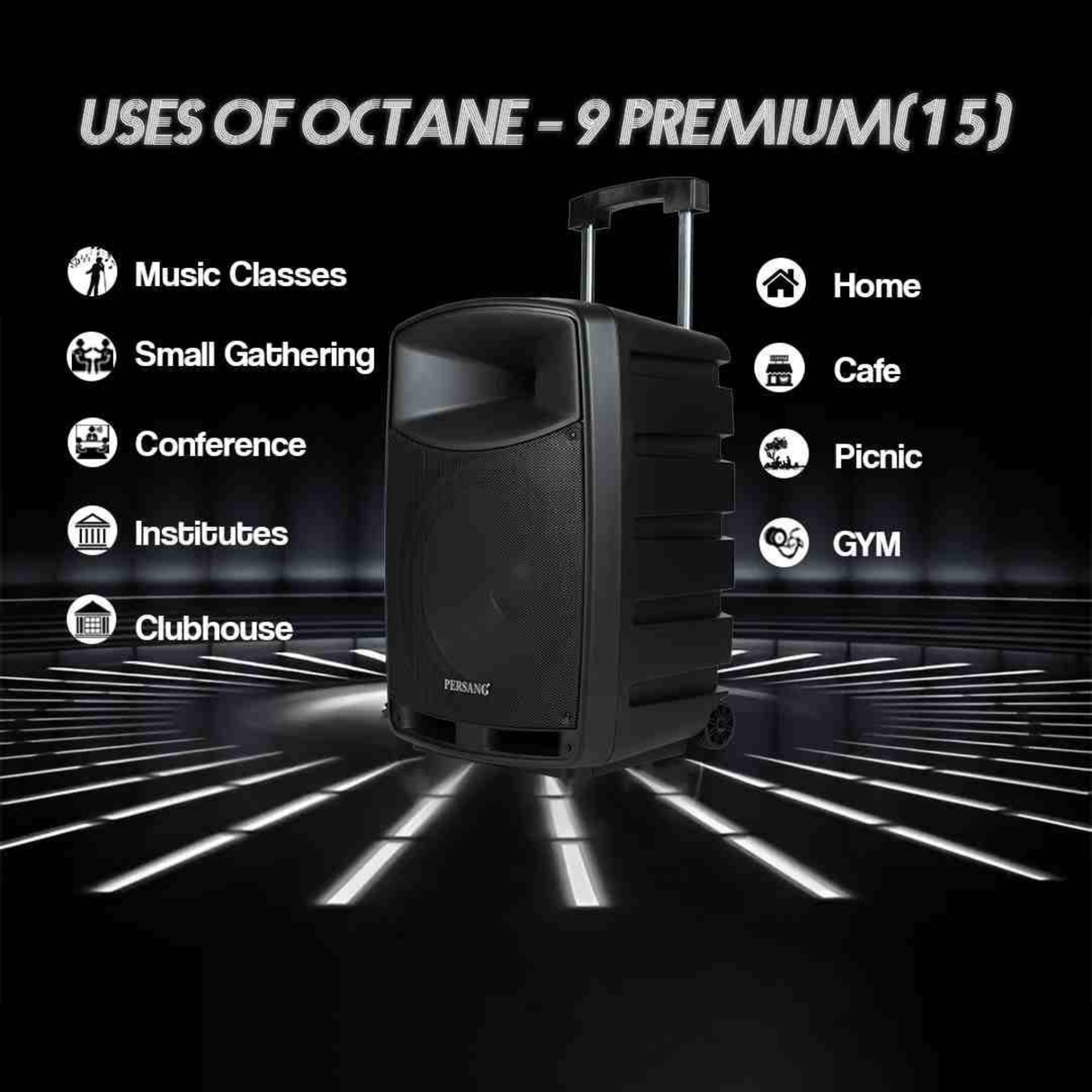 Persang Octane 9 Premium 15 Inch Bluetooth Party Speaker with 2X UHF Wireless Mic  & Built-In Battery