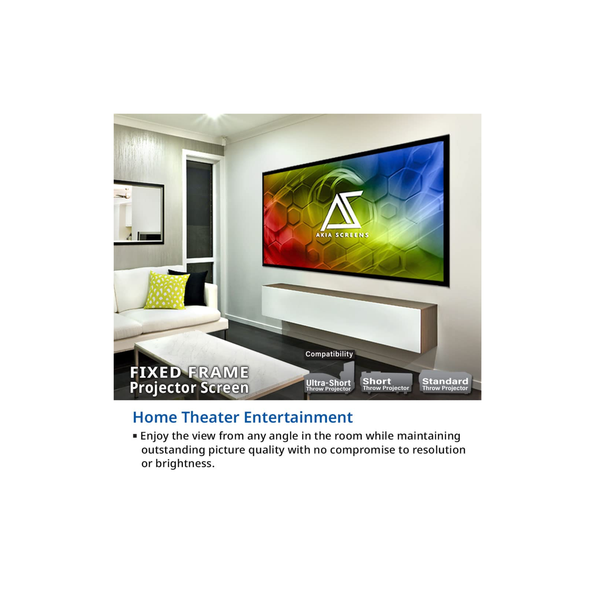 Akia Screens AK-FF110WH2 - 110 Inches CineWhite Fixed Frame Projection Screen (16:9) (8K / 4K Ultra HD 3D Ready HDR Compatible)