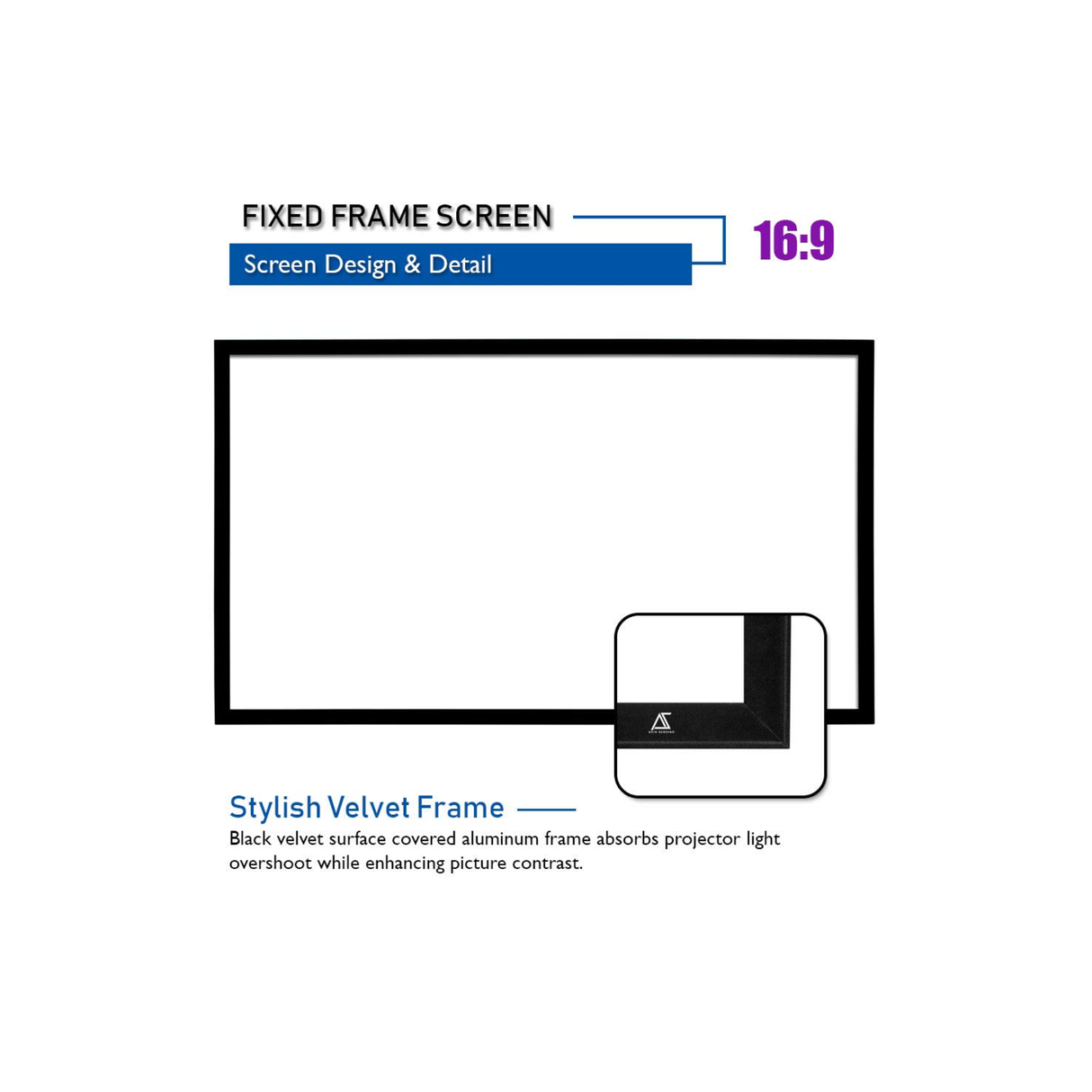 Akia Screens AK-FF100WH2 - 100 Inches CineWhite Fixed Frame Projection Screen (16:9) (8K / 4K Ultra HD 3D Ready HDR Compatible)