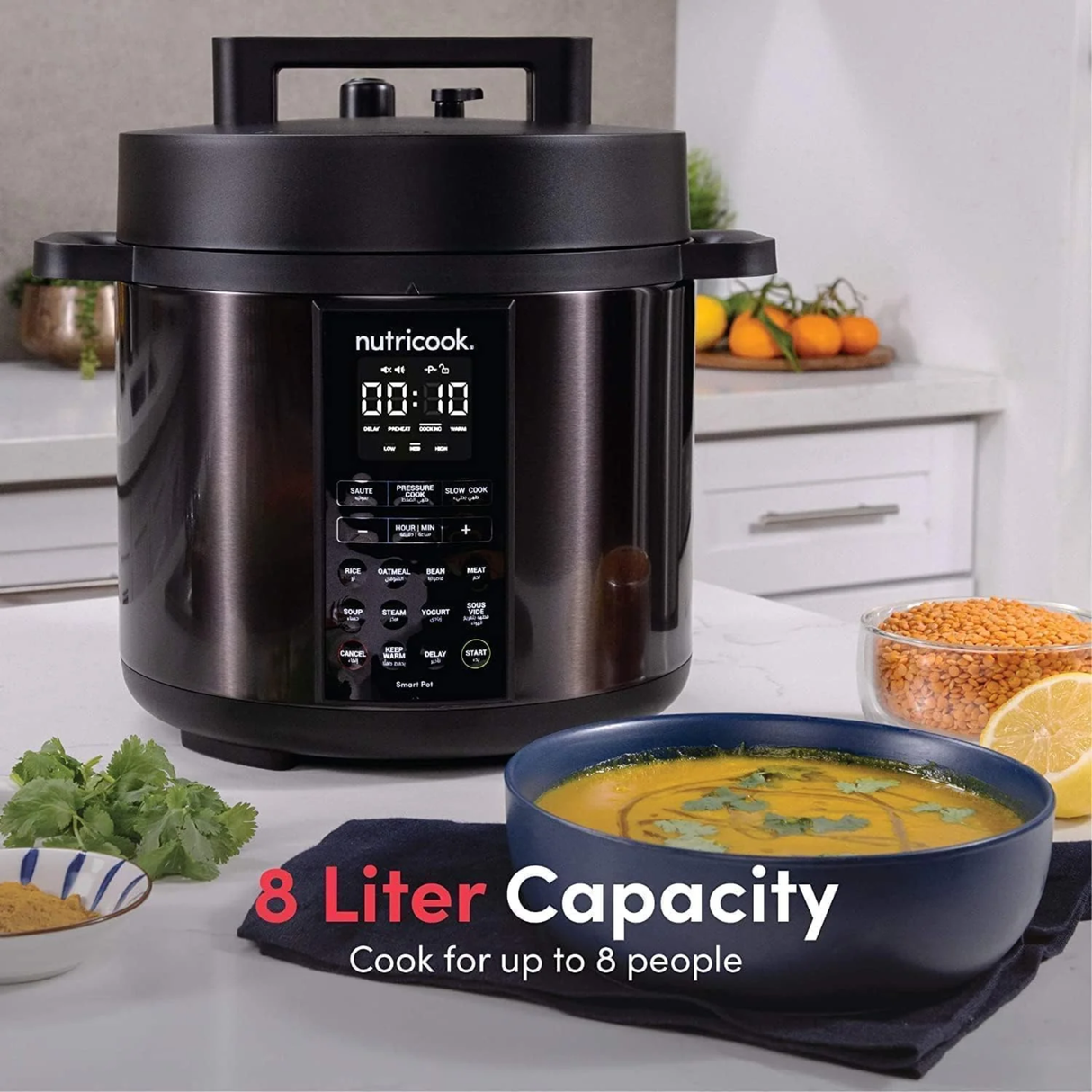 Nutricook 8 QT - 7.7 Litre Stainless Steel Smart Pot 2, 1000W, 9-in-1 Electric Pressure Cooker, Slow Cooker, Rice Cooker, Steamer, Sauté, Sous Vide, Yogurt Maker, Smart Lid, Delay Start