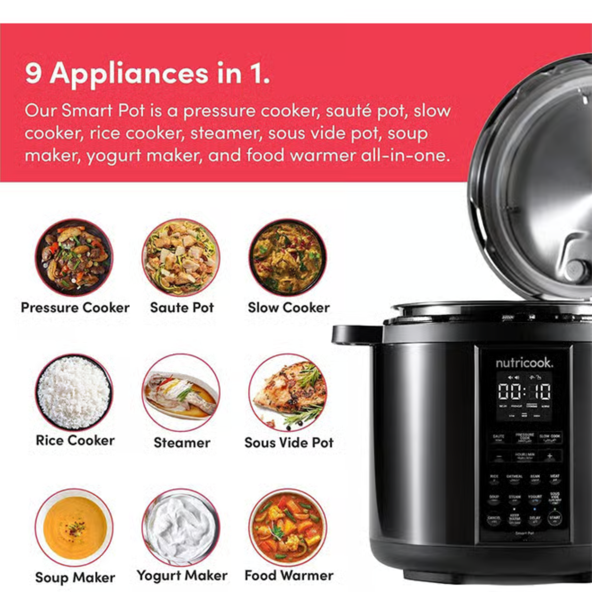 Nutricook 6 QT - 5.7L Stainless Steel Smart Pot 2, 1000W, 9-in-1 Electric Pressure Cooker, Slow Cooker, Rice Cooker, Steamer, Sauté, Sous Vide, Yogurt Maker, Smart Lid, Delay Start