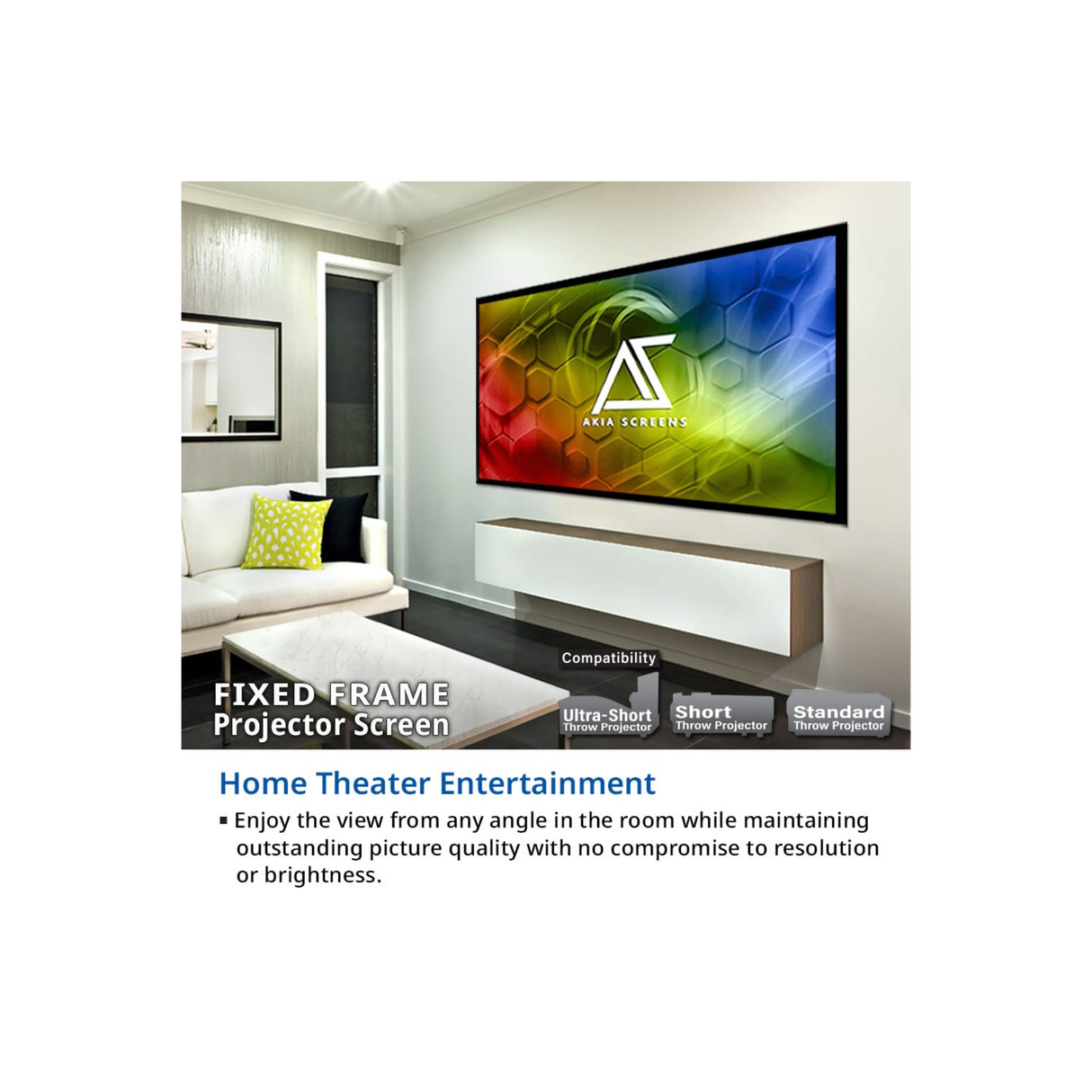 Akia Screens AK-FF100WH2 - 100 Inches CineWhite Fixed Frame Projection Screen (16:9) (8K / 4K Ultra HD 3D Ready HDR Compatible)