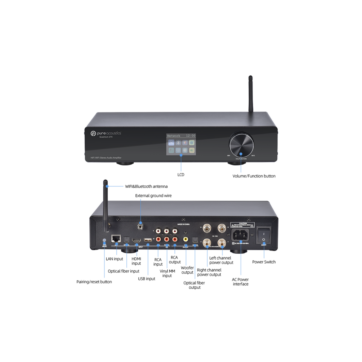 Pure Acoustics Quantum W275 - 2.1 Channel Integrated Stereo Network Amplifier (Supports Bluetooth WIFI, RCA / HDMI ARC/ LAN)