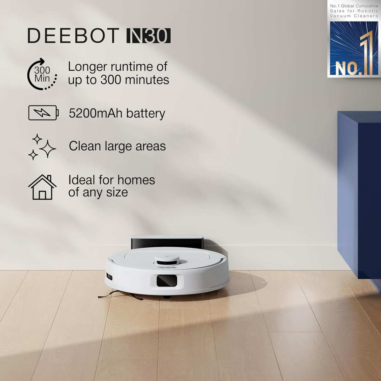 Ecovacs DEEBOT N30 White - 2 in 1 Robot Vacuum Cleaner & Mop (10000 Pa Suction, 5200mAh Battery, Zero Tangle 2.0 Technology, Advanced TrueMapping, Maps 1100 sq ft in just 8 mins)