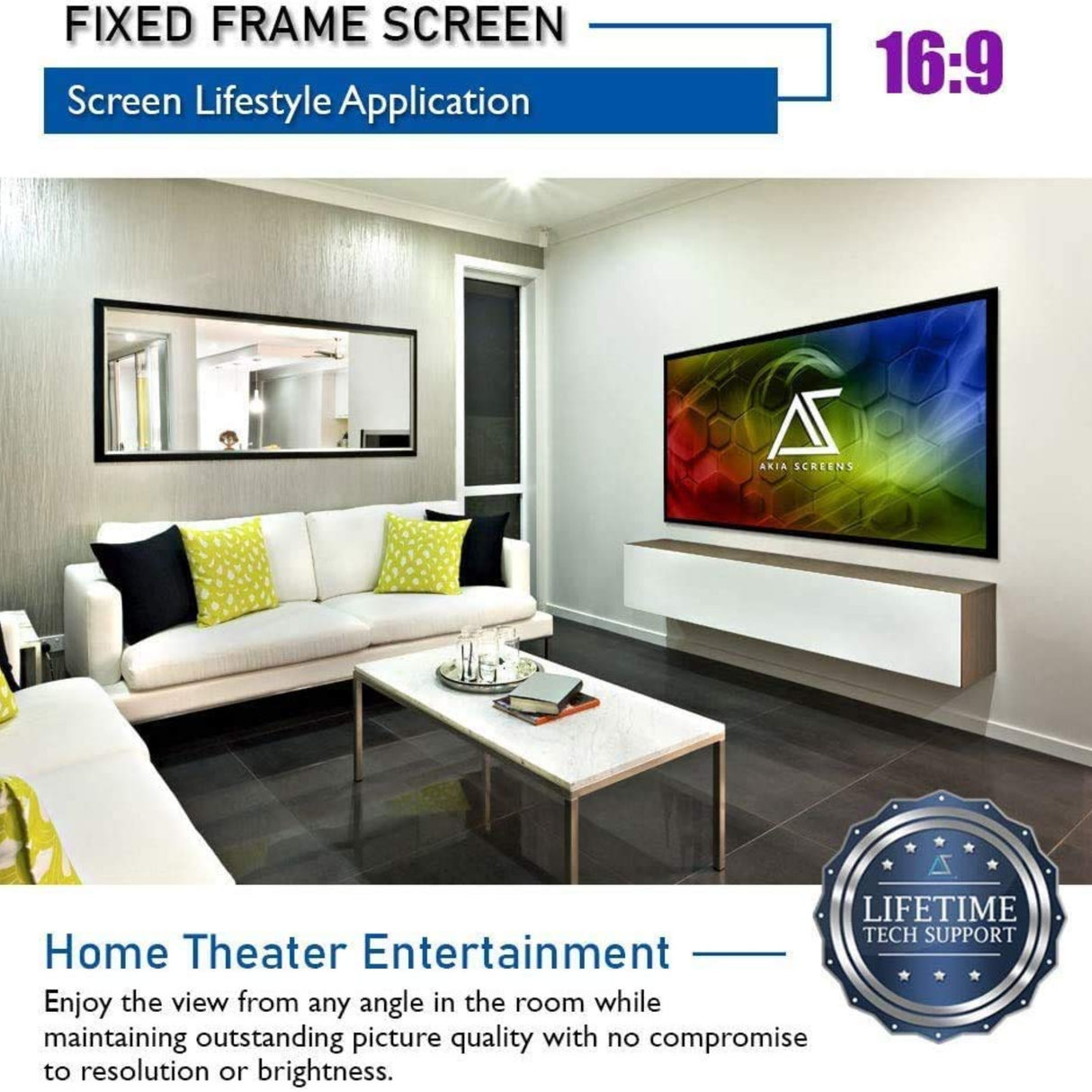 Akia Screens AK-FF120WH2 - 120 Inches CineWhite Fixed Frame Projection Screen (16:9) (8K / 4K Ultra HD 3D Ready HDR Compatible)