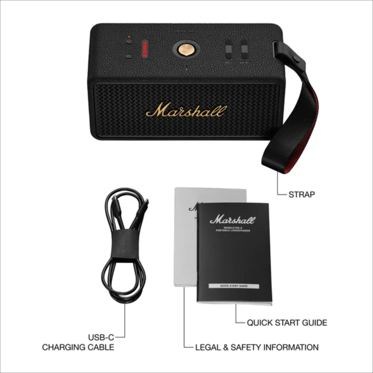 Marshall Middleton II - Portable Bluetooth Speaker (Black & Brass) (Over 30 Hours Playtime, IP67 Waterproof)