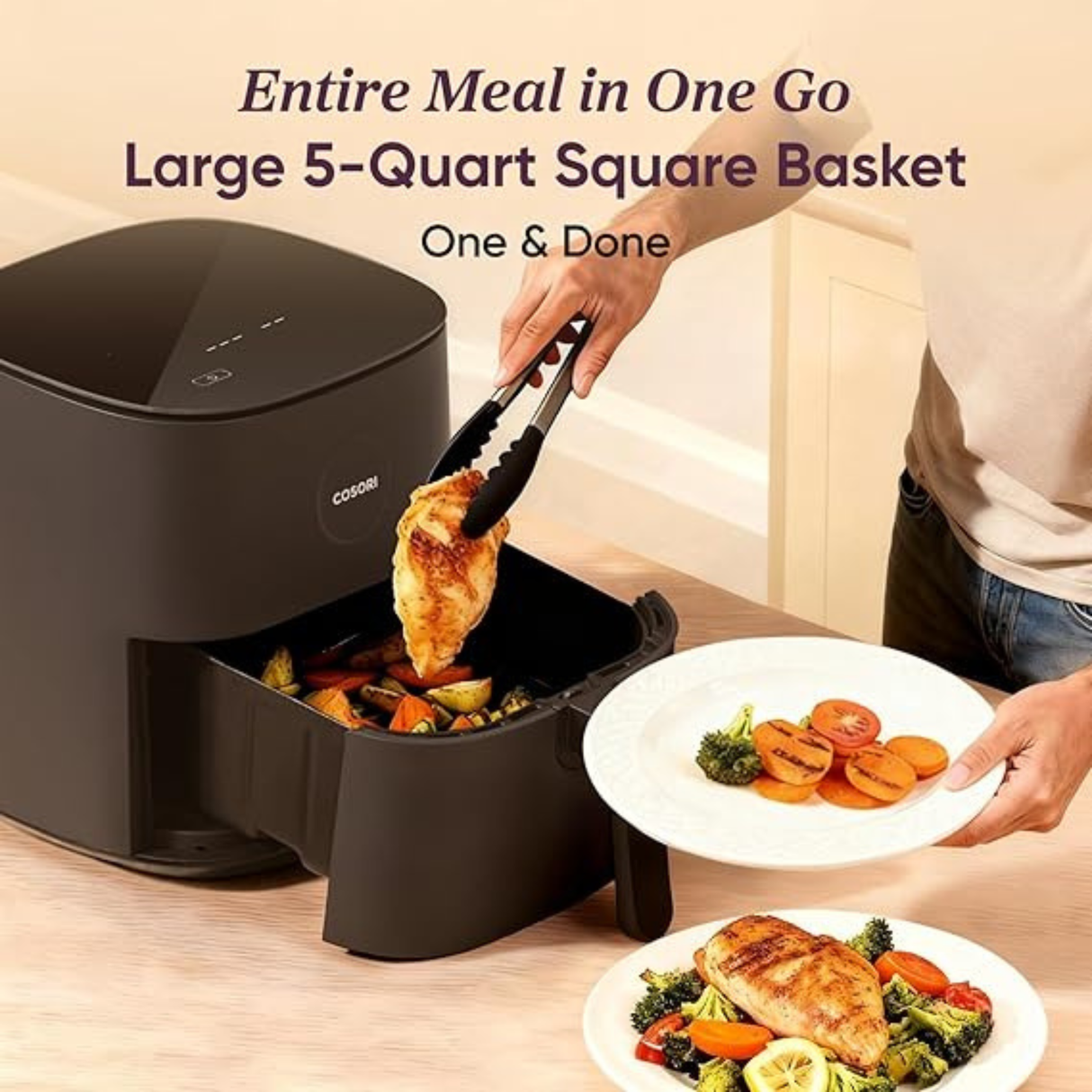 COSORI Air Fryer 5 QT (CAF-L501) (4.7 Litre) 1500W Fast Cooking 9 Preset Menu, 30 Recipes Cookbook, Grill, Broil, Roast, Toast, Bake, Reheat, Defrost, Digital Touch Panel