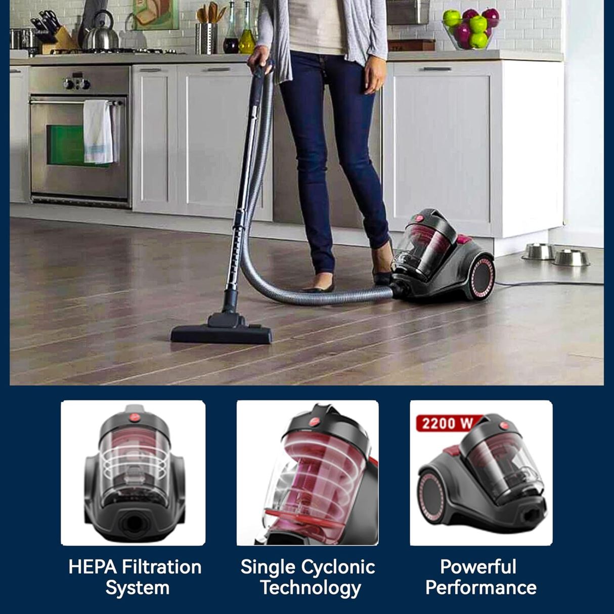 Hoover Power 6 Canister Vacuum Cleaner - Advanced Powerful 2200 Watt, 3L Large Capacity, HEPA Allergy Filter, Bagless, Strong Suction, Ideal for Pet Hair
