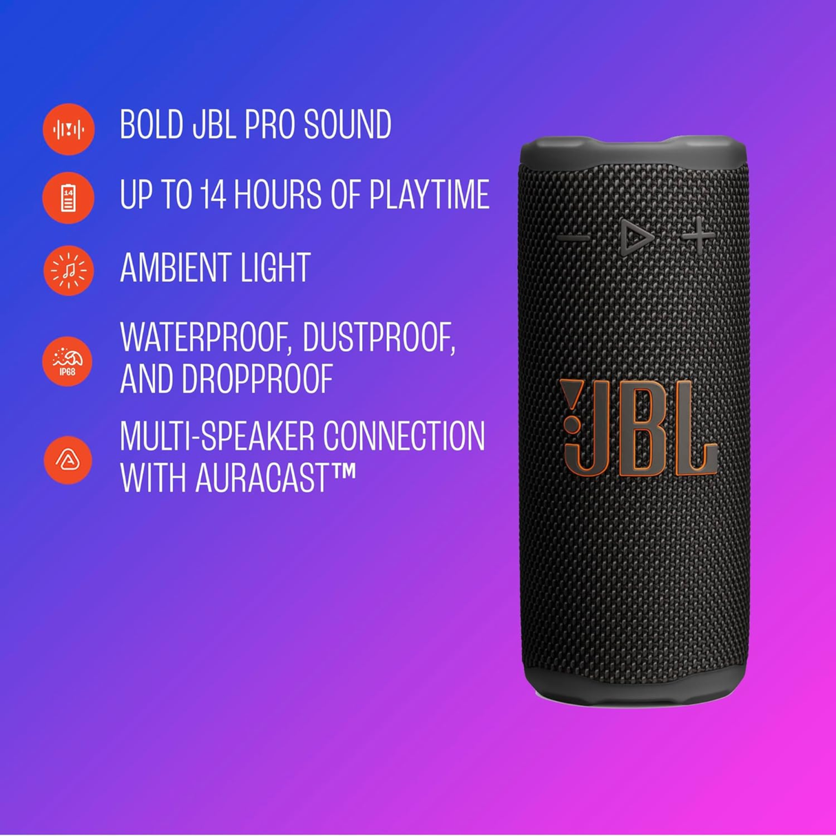 JBL Grip - Compact Bluetooth Speaker (Up to 14 Hours of Playtime, Water, Dust and Drop-Proof Multi-Speaker Connection) (Black)