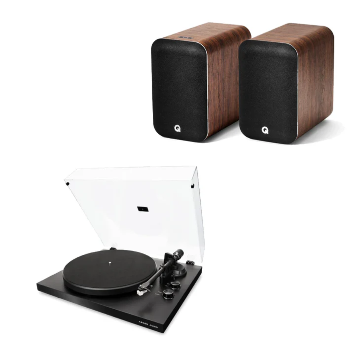 Q Acoustics M20 Powered Active Bookshelf Speaker (Pair) (Walnut) + Argon Audio TT MK2 Turntable (Black) - Stereo Bundle Package