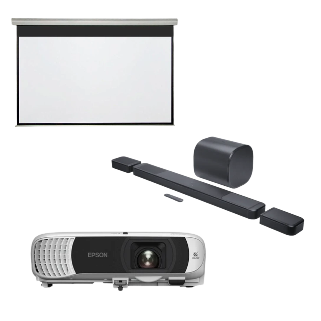 JBL Bar 1300MK2 - 11.1.4 Channel Dolby Atmos Soundbar with Detachable Speakers + Epson EB-FH54 3 LCD Home Theatre Projector + RNT Projection Screen Motorised 120 Inches - Wireless Theater enthusiast Bundle package