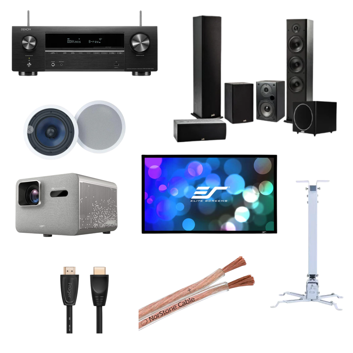 Denon AVR-X1700H 7.2 8K AV Receiver with Dolby Atmos, Polk Audio Fusion T-Series 5.1 Speakers, Polk RC60i In-Ceiling Atmos Speakers, BenQ TK705i 4K Projector, 120" Elite Screens CineWhite Screen, HDMI Cable & Mount - Complete Home Theater Bundle