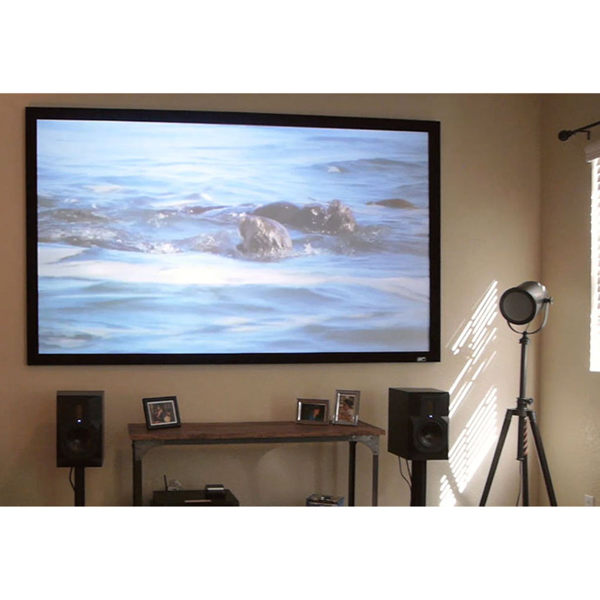 Elite Screens ER110DHD3 - 110 Inches Sable Frame CineGrey 4K/8K Ambient Light Rejection Edge Free/Edgeless Fixed Frame Long Throw Projection Screen