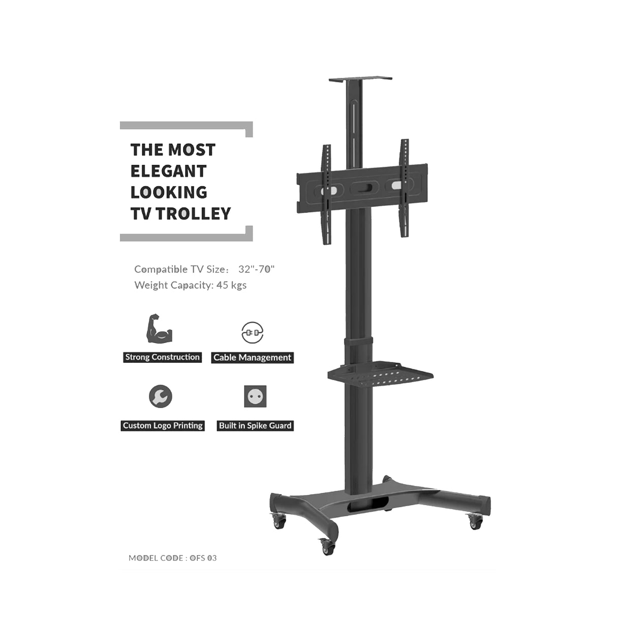 Tono OFS 03 Flat TV Panel Floor Stand Trolley: Versatile Stand for 32″-70″ TVs